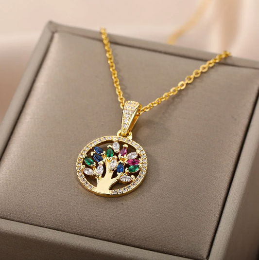 Collar dorado de 18 quilates con Árbol de la Vida y circonitas de colores