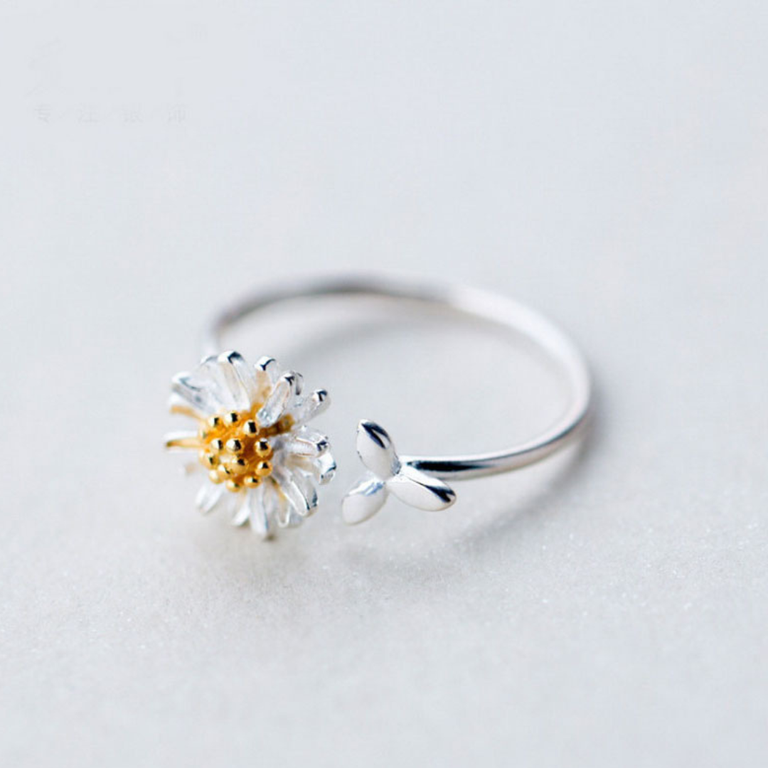 Anillo ajustable de plata 925 con margaritas pintadas a mano