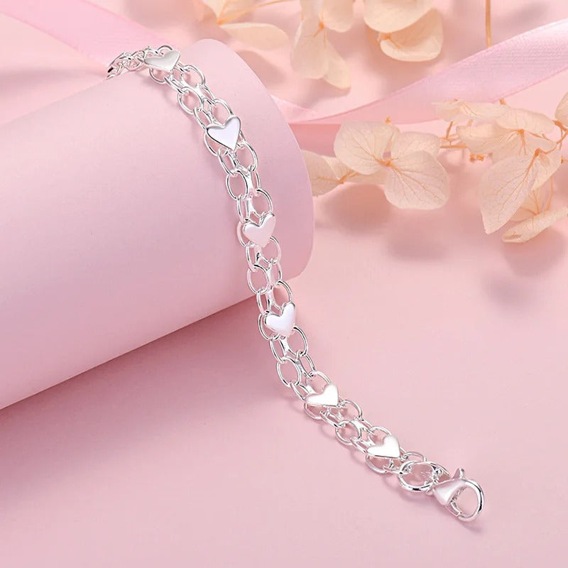 Pulsera de plata 925 con forma de cadena y corazones