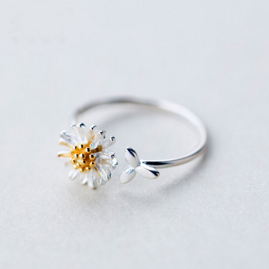 Anillo ajustable de plata 925 con margaritas pintadas a mano