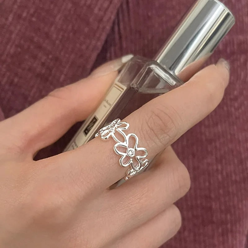 Anillo vintage ajustable de plata 925 con flores